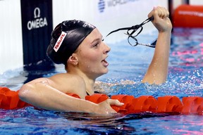 Summer McIntosh of Team Canada celebrates after winning in Women’s 400m Medley Final and beating the world record during day five of the World Aquatics Swimming Championships (25m) 2024 at Duna Arena on Dec. 14, 2024 in Budapest, Hungary. DEAN MOUTAROPOULOS/GETTY IMAGES