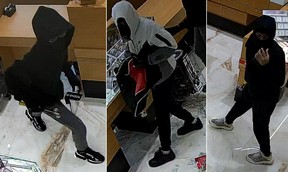 Waterloo Regional Police release these images of suspects wanted following a jewelry story robbery in Cambridge on Monday, Dec. 16, 2024.