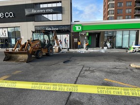A TD Bank at the corner of Bathurst and Lawrence is damaged after an excavator was used to steal an ATM on Tuesday, Dec. 31, 2024.
