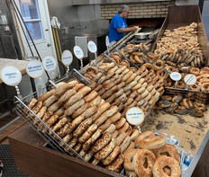 Bagels come fresh from a wood-fired oven at legendary St. Viateur Bagel Shop in Montreal.