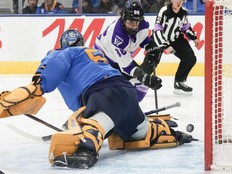 Minnesota Frost's Michela Cava (86) shoots on Toronto Sceptres goaltender Kristen Campbell (50) during first period PWHL action in Toronto, Saturday, Dec. 7, 2024.