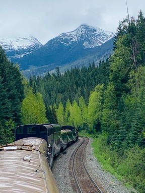 A view of the Rockies from the Gold Leaf panoramic dome car as Rocky Mountaineer passes Blue River, B.C.