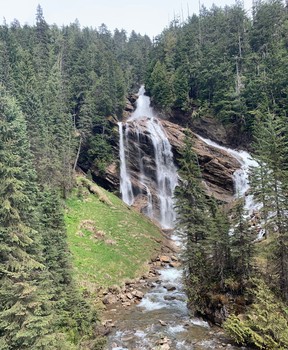 Pyramid Falls drains from a lake on Mount Cheadle, 300 feet above the tracks.