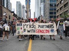 Pro-Palestinian protesters disrupt the Toronto Pride Parade on Sunday, June 30, 2024.