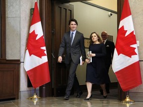 Prime Minister Justin Trudeau and Deputy Prime Minister and Finance Minister Chrystia Freeland is pictured in a file photo.