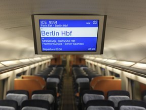An inside view of the first Paris-Berlin high speed train line that will operate Monday, Dec. 16, 2024 at the Gare de l'Est station in Paris.