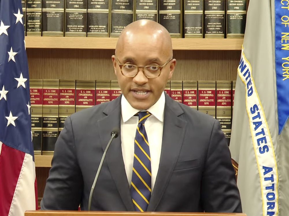  This still image from video from the U.S. Attorney’s Office shows U.S. Attorney for the Southern District of New York Damian Williams during a news conference, in New York, Wednesday, Dec. 11, 2024, as he announces luxury real estate brokers Oren and Tal Alexander and their sibling Alon Alexander have been charged with sex trafficking, according to a federal indictment unsealed in Manhattan. (U.S. Attorney’s Office via AP)