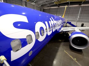 A retrofitted Southwest Airlines passenger jet is shown