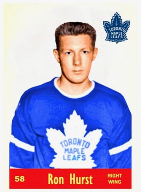 A hockey card of former Toronto Maple Leaf Ron Hurst.