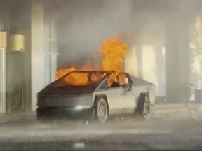 This image provided by Alcides Antunes shows a Tesla Cybertruck that exploded outside President-elect Donald Trump's Las Vegas hotel early Wednesday, Jan. 1, 2025.