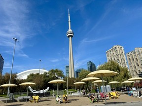 La Torre CN se encuentra detrás del parque H20 en la orilla del lago del centro de Toronto el 5 de octubre de 2024.