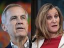 Una combinación de dos imágenes. Mark Carney y Christia Freeland esperan el liderazgo liberal. Prensa canadiense