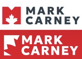 (TOP) Liberal leader candidate Mark Carney's original campaign logo was already owned by MetCredit and has been trademarked since 2020 in Canada and 2023 in the United States. (BOTTOM) Carney's campaign quickly created this new logo on Friday, Jan. 17, 2025.