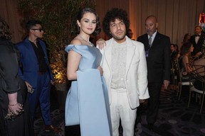 Selena Gomez, left, and Benny Blanco arrive at the 82nd Golden Globes on Sunday, Jan. 5, 2025, at the Beverly Hilton in Beverly Hills, Calif.