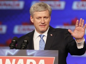 Stephen Harper speaks to Conservative supporters in Calgary, Oct. 19, 2015.