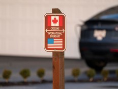 A sign marks the international boundary between Canada and the United States in Blaine, Washington, US, on Wednesday, Dec. 18, 2024.