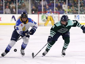 Jesse Compher #18 of Toronto Sceptres skates against Emily Brown #2 of Boston Fleet during the third period at Tsongas Center on January 22, 2025 in Lowell, Massachusetts. The Fleet defeat the Sceptres 4-1.