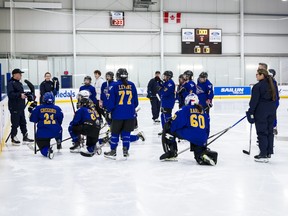 Players listen to a coach during practice at PWHL fantasy camp.