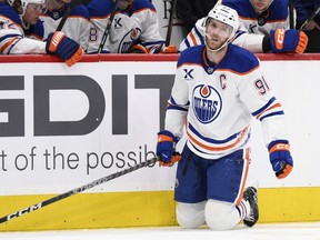 Edmonton Oilers centre Connor McDavid looks on during a game against the Washington Capitals.
