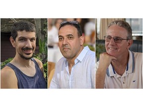 Esta combinación de fotos ininterrumpidas proporcionadas por el Show del Foro de la Familia Jimmy o Levi, Eli Sharbi y Ohad Ben Ami, todos los cuales fueron secuestrados y traídos a Gaza el 7 de octubre de 2023.