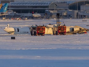 A Delta Air Lines plane crashed and flipped at Toronto Pearson International Airport on Monday, Feb. 17, 2025. It was heading from Minneapolis to Toronto when it crashed on the runway.