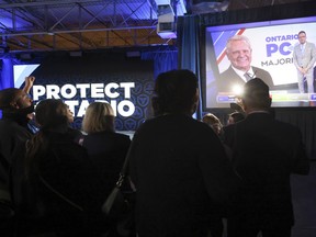 Ontario Premier Doug Ford gives his acceptance speech at the Toronto Congress Centre after he won another majority government on Thursday, Feb. 27, 2025.