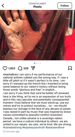 In a post to Instagram, singer Chantal Kreviazuk explains her lyrics change and anthem performance at the 4 Nations Face-Off.