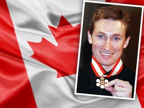 Uma foto de Wayne Greatzie segura seu oficial para manter a ordem do Canadá com a bandeira canadense.