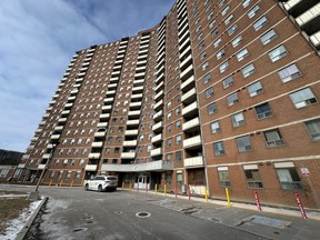The apartment building at 7 Capri Rd. off of The East Mall in Etobicoke, the day after two men were shot -- one fatally -- on Feb. 4, 2025.