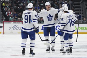 Toronto Maple Leafs defenceman Philippe Myers, centre facing, celebrates his goal against the Seattle Kraken with teammates, including John Tavares (91), Simon Benoit (2) and Mitch Marner (16) during the first period of an NHL hockey game Thursday, Feb. 6, 2025, in Seattle. (AP Photo/Lindsey Wasson)