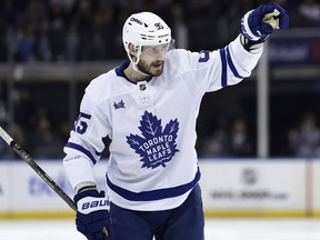 Maple Leafs defenceman Oliver Ekman-Larsson reacts after scoring in the first period against the New York Rangers in New York City, Friday, Feb. 28, 2025.