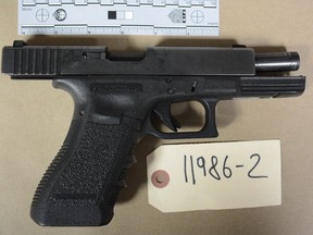 One of two Glock handguns seized during a police patrol in Etobicoke on Feb. 22, 2025.