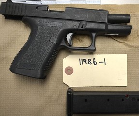 One of two Glock handguns seized during a police patrol in Etobicoke on Feb. 22, 2025.