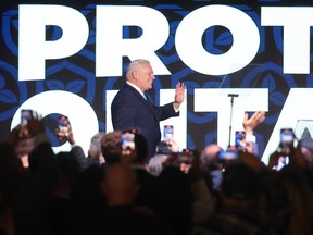 Ontario premier-elect Doug Ford prepares to give his acceptance speech at the Toronto Congress Centre after he won another PC majority on Thursday, Feb. 27, 2025.