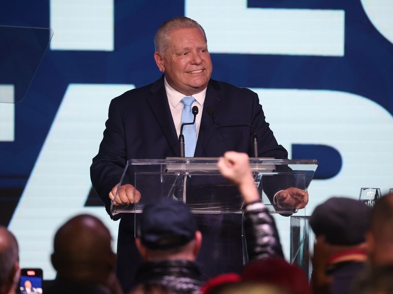 Ontario premier-elect Doug Ford gives his acceptance speech at the Toronto Congress Centre after he won another PC majority on Thursday, Feb. 27, 2025. 