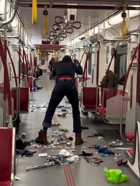 A video posted on social media shows a man tossing garbage around on a subway car.