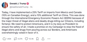 El presidente de los Estados Unidos, Donald Trump, anunció oficialmente aranceles contra Canadá, México y China el sábado 1 de febrero de 2025.