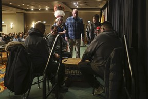 Assembly of First Nations National Chief Cindy Woodhouse Nepinak attends a conference with the Eagle Heart singers and drummers on Tuesday, Feb. 18, 2025. The drummers and Nepinak honoured Peter Carlson and gave him blessings after his involvement in the crash. JACK BOLAND/TORONTO SUN