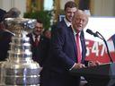 El presidente Donald Trump habló el lunes 3 de febrero de 2025, 2024 Campeones de la Copa Stanley de la NHL Florida Panthers Hockey en la Casa Blanca para honrar al equipo de hockey.