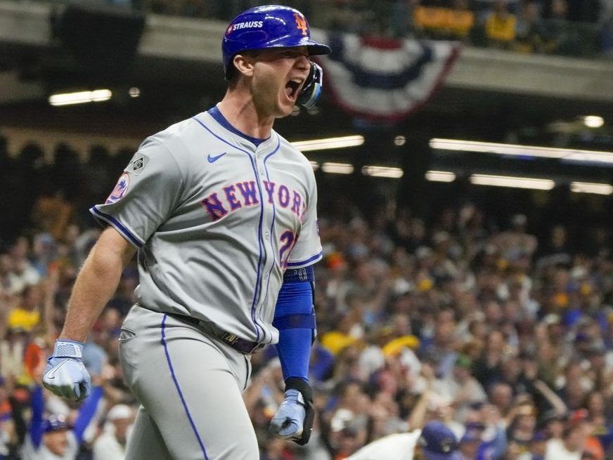 Pete Alonso of the New York Mets reacts after hitting a three-run home run during the ninth inning of Game 3 of the National League Wild Card game last season.