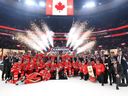 Team Canada celebrates after defeating Team USA in overtime to win the NHL Four Nations Faceoff Championship game at TD Garden on February 20, 2025 in Boston, Massachusetts.