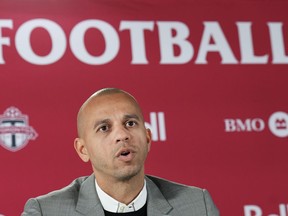 El gerente general de Toronto FC, Jason Hernández, habló con los medios de comunicación durante una conferencia de prensa en Toronto el 1 de octubre de 2021, 7 de octubre de 2021.