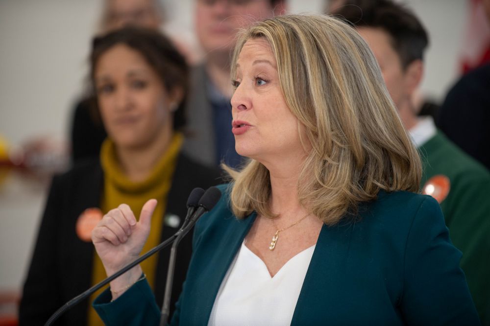 Ontario NDP Leader Marit Stiles speaks ahead at a press conference at a campaign stop at a school in Ottawa, ON. on Tuesday, Feb. 4 2025. Bryan Passifiume/Toronto Sun/Postmedia Network