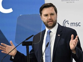 U.S. Vice-President JD Vance delivers his speech during the 61st Munich Security Conference (MSC) in Munich, southern Germany on Feb. 14, 2025.