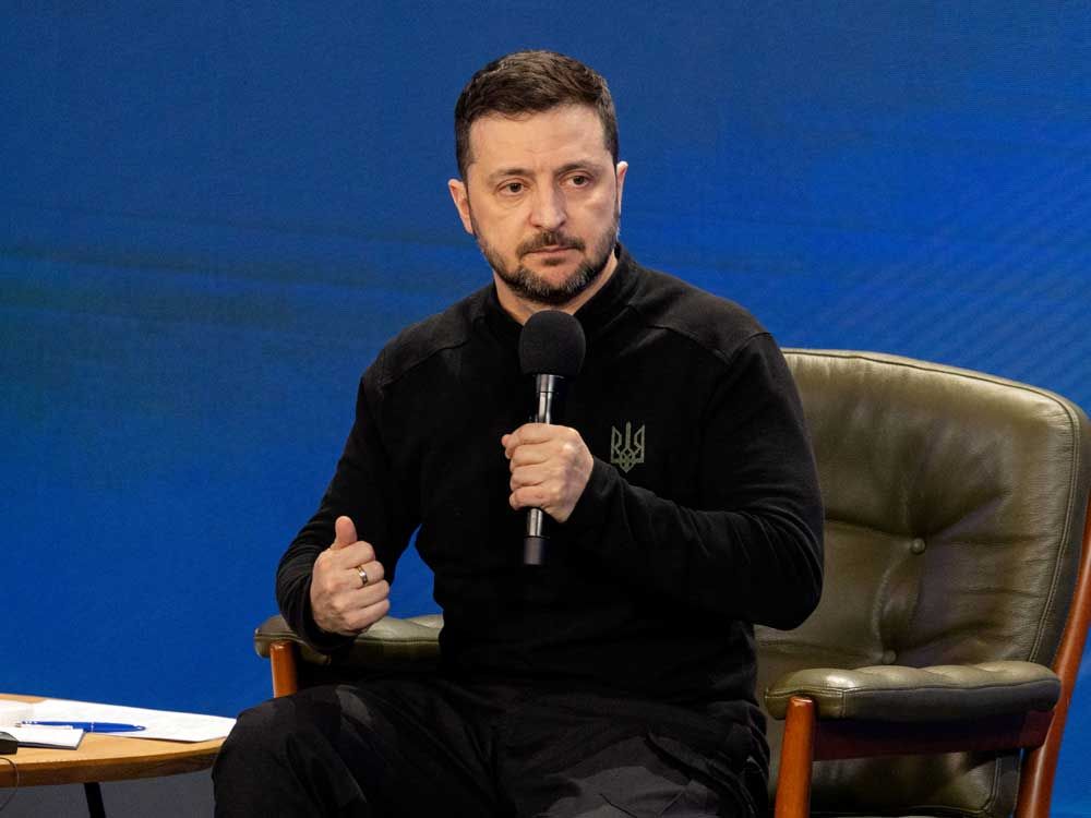 Ukraine's President Volodymyr Zelensky speaks during a joint press conference the 