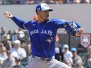 Toronto Blue Jays pitcher Jose Berríos throws against the Detroit Tigers in the first inning of a spring training game.