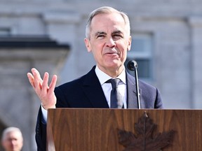 New Prime Minister Mark Carney addresses the media after being sworn in at Rideau Hall on March 14, 2025 in Ottawa.