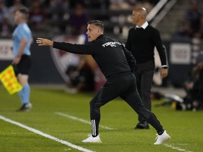 Toronto Football Club head coach John Herdman reacted in the first half of the MLS football game in Commercial City, Colorado on September 21, 2024 against the Colorado Rapids.