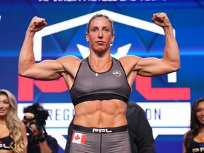 Canadian MMA fighter Julia (The Jewel) Budd is shown at the April 6, 2023, weigh-in for PFL 2.