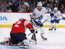 Goaltender Sergei Bobrovsky of the Florida Panthers stops a shot by Alexander Nylander #92 of the Toronto Maple Leafs earlier this season.